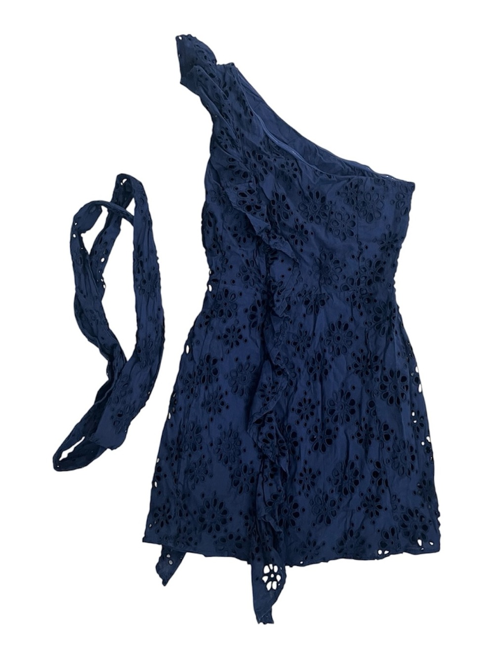 Lovers and Friends One-Shoulder Navy Eyelet Ruffle Dress w/belt XS - Picture 2 of 3